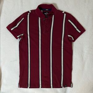 Hollister Mens Flex Stretch Red Burgundy Striped Polo Shirt Academia Size Small